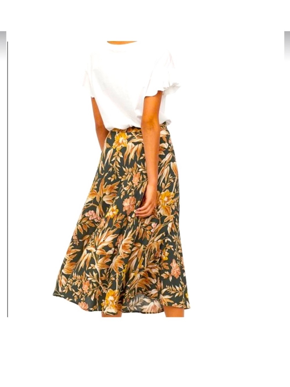 H&M Olive Green Floral Midi Skirt with Yellow Blooms